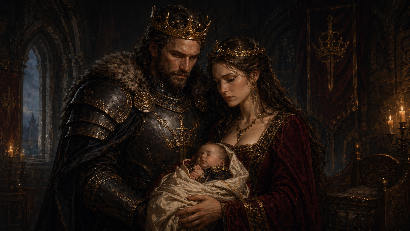 King Sordon and Queen Catriona holding their infant heir in a candlelit castle chamber