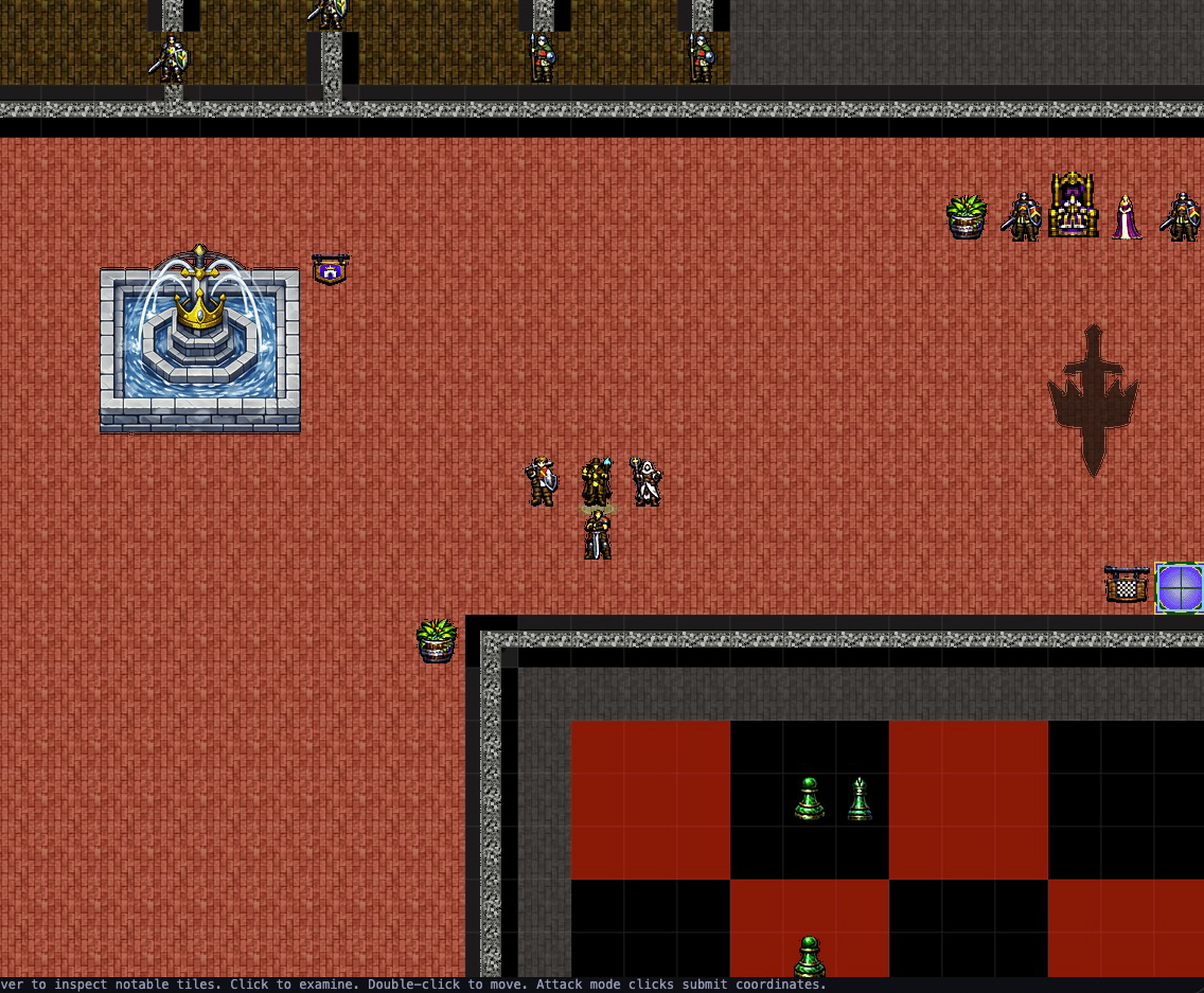 Tiles based game view with character panel, visible map grid, NPCs, creature, and command bar